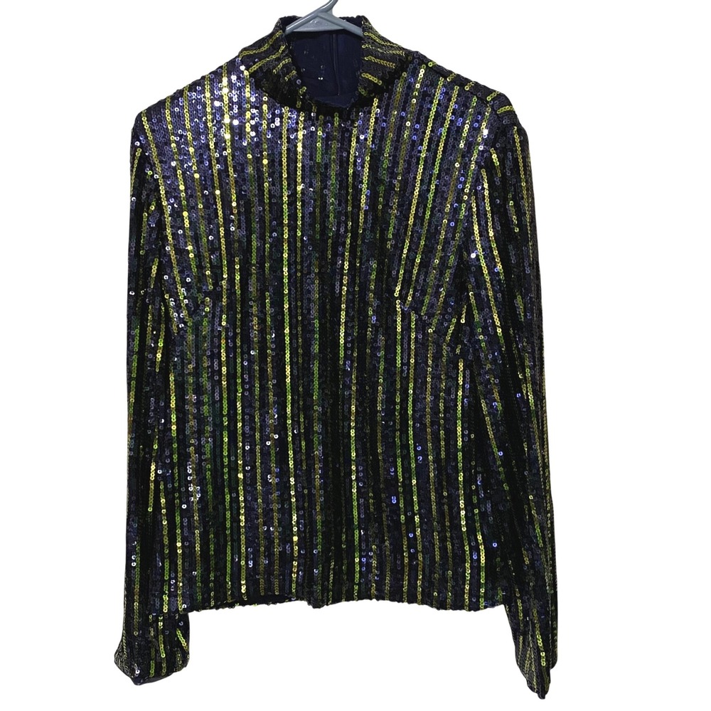 Maeve Anthropologie Sequin Striped Turtleneck Long Sleeve Top Navy Green Medium